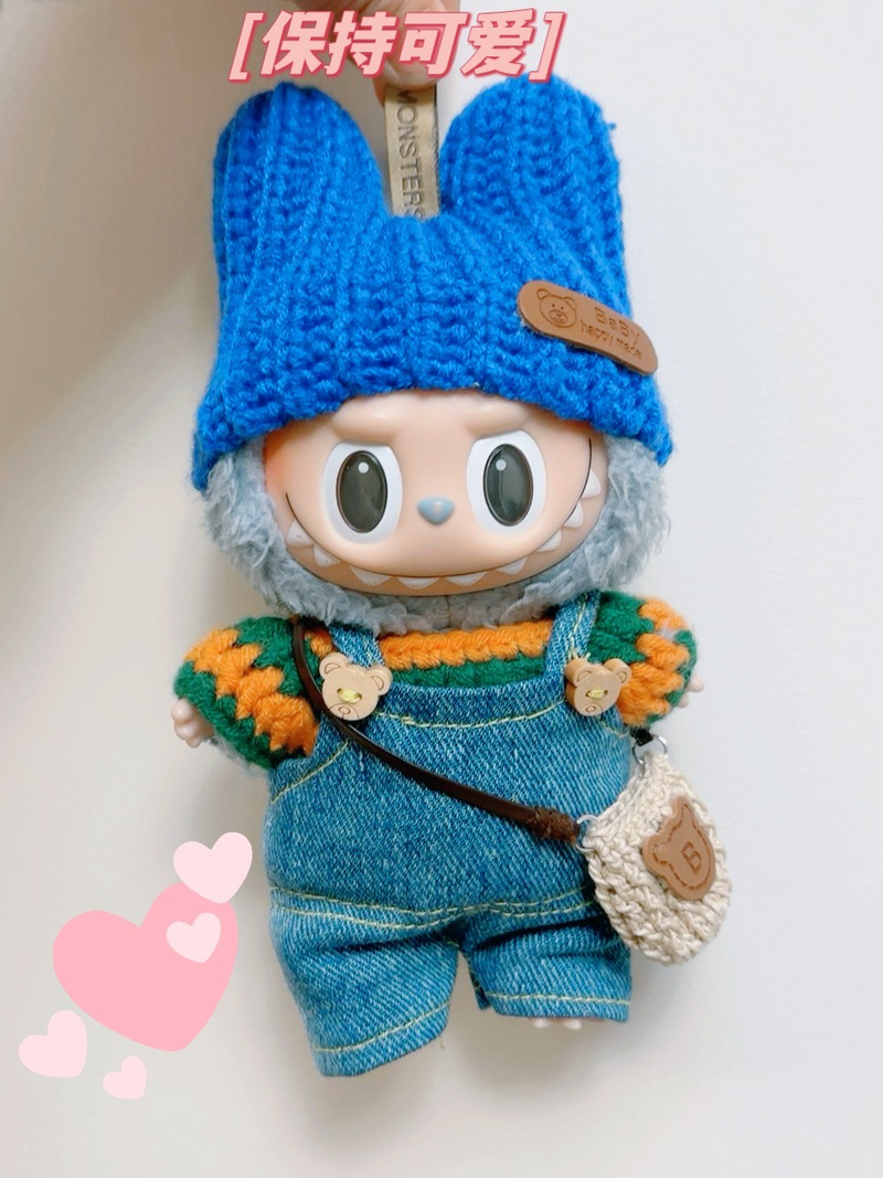 Adorable Handmade Labubu Outfit – Customizable Knit Sweater & Denim Overalls – Perfect Fit for Collectors! - Image 1
