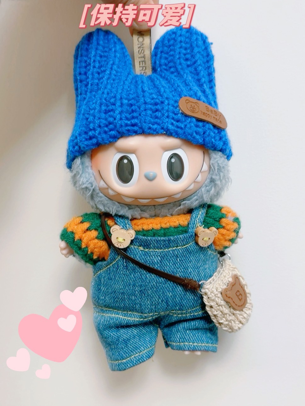 Adorable Handmade Labubu Outfit – Customizable Knit Sweater & Denim Overalls – Perfect Fit for Collectors! - Image 1