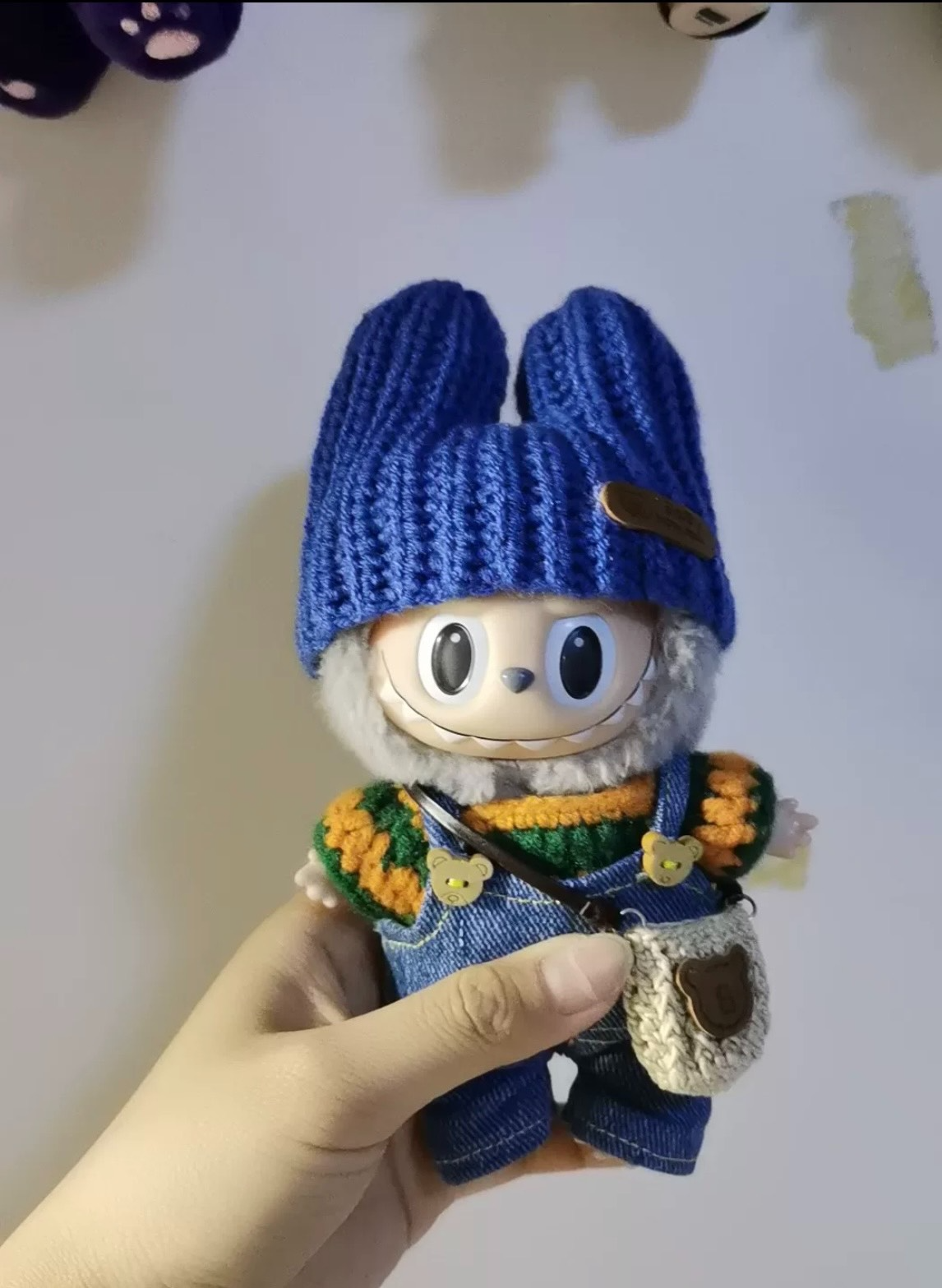 Adorable Handmade Labubu Outfit – Customizable Knit Sweater & Denim Overalls – Perfect Fit for Collectors! - Image 6