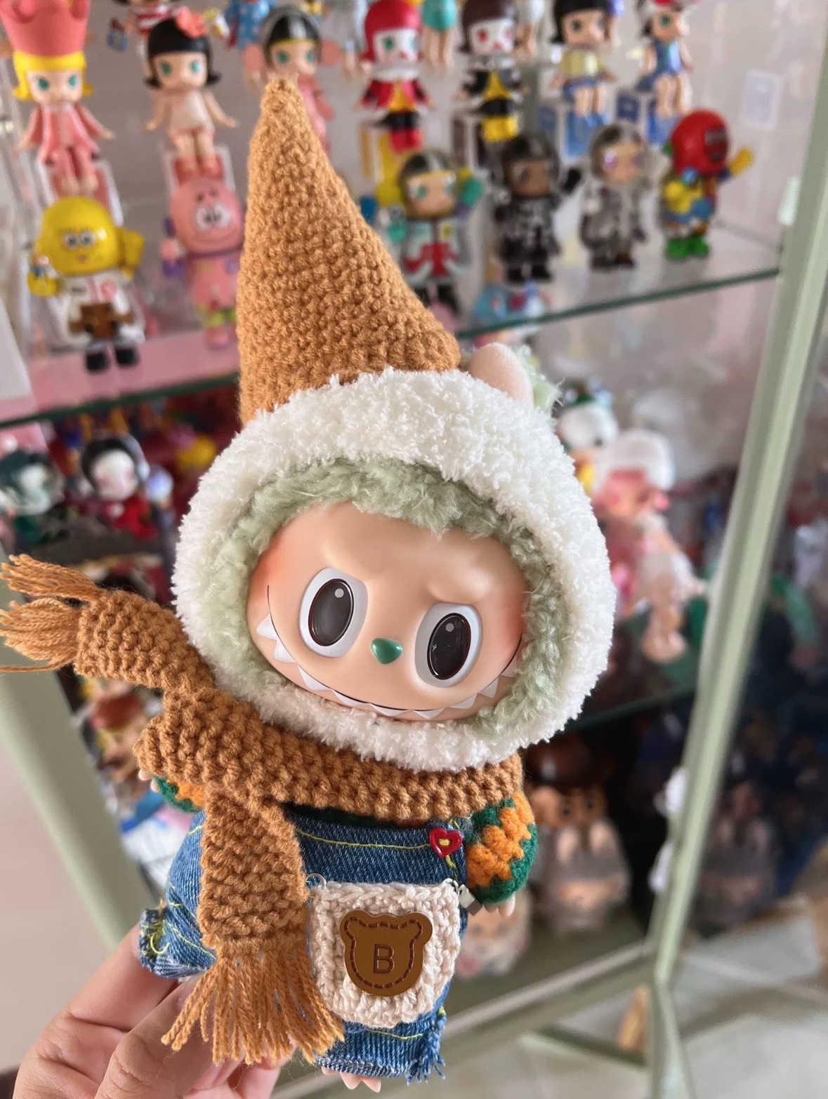 Whimsical LABUBU Outfit: Cozy Knit Hat, Vibrant Scarf, Denim Overalls & Adorable Bear Bag - Image 2
