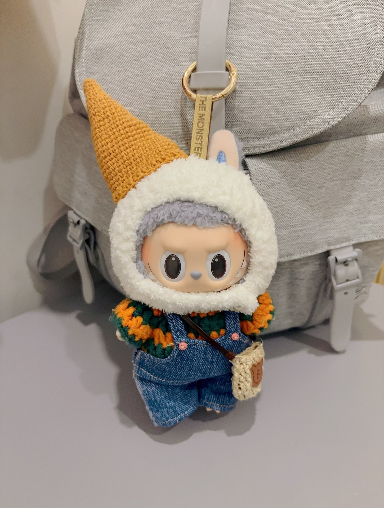 Whimsical LABUBU Outfit: Cozy Knit Hat, Vibrant Scarf, Denim Overalls & Adorable Bear Bag - Image 5