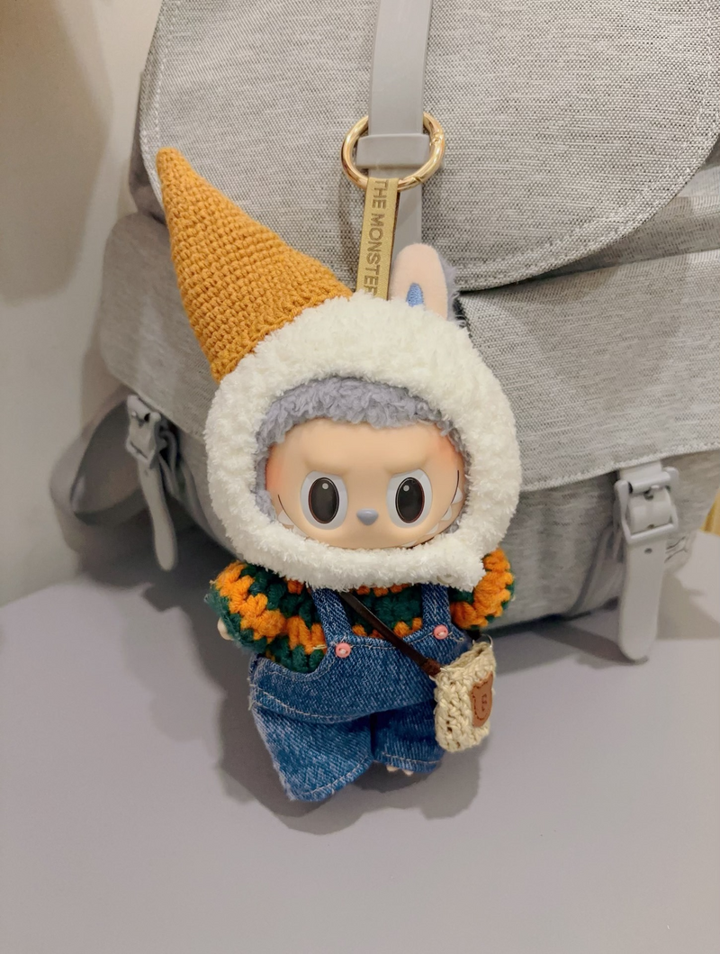 Whimsical LABUBU Outfit: Cozy Knit Hat, Vibrant Scarf, Denim Overalls & Adorable Bear Bag - Image 5
