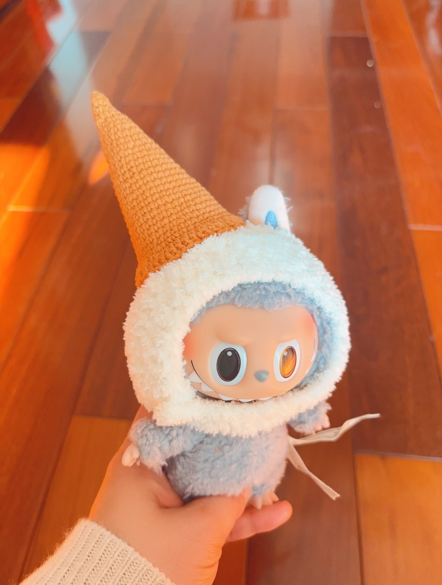 Whimsical LABUBU Outfit: Cozy Knit Hat, Vibrant Scarf, Denim Overalls & Adorable Bear Bag - Image 6