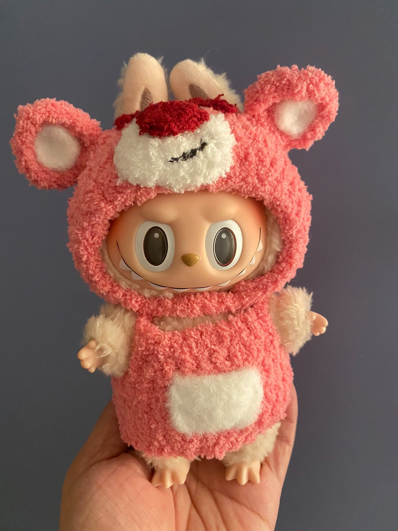 Charming Labubu Teddy Bear Outfit – Plush Pink & White Costume for POP MART Collectibles - Image 1
