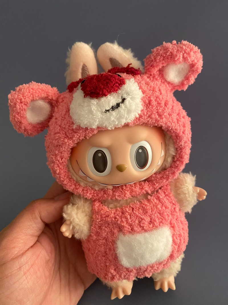 Charming Labubu Teddy Bear Outfit – Plush Pink & White Costume for POP MART Collectibles - Image 3
