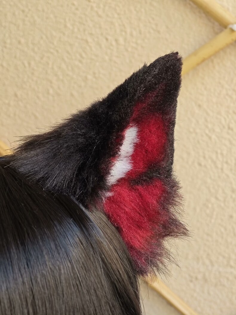 Handmade Black & Red Plush Dog Ears Hair Clip - Image 1