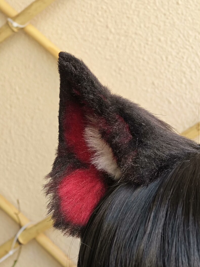 Handmade Black & Red Plush Dog Ears Hair Clip - Image 2
