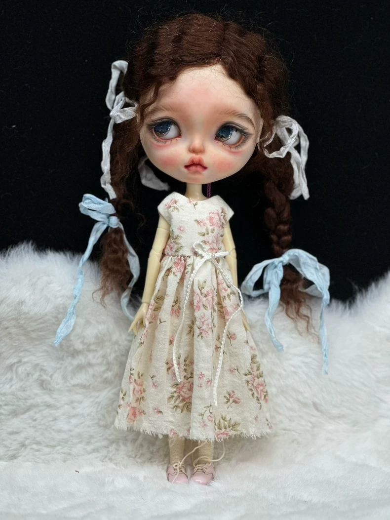 Elegant Floral Blythe Doll Dress – Pastel A-Line Outfit with Lace Trim for ob24 Dolls - Image 1