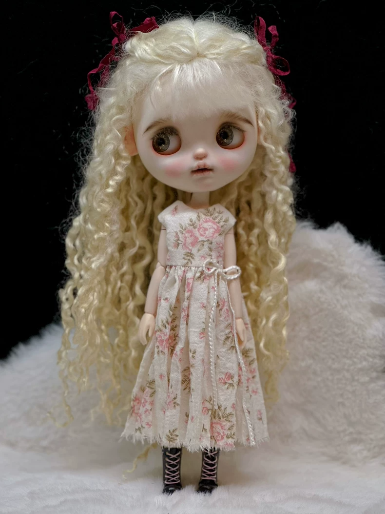 Elegant Floral Blythe Doll Dress – Pastel A-Line Outfit with Lace Trim for ob24 Dolls - Image 6