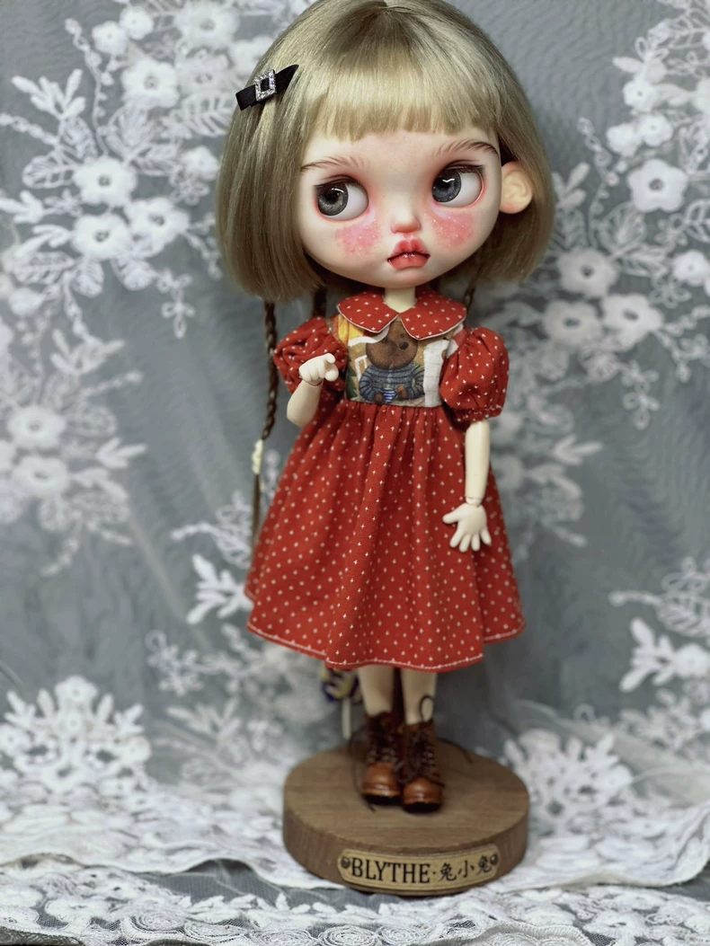 Handcrafted Red Polka-Dot Bear Dress for Blythe ob24 Dolls – Elegant & Playful Outfit - Image 1