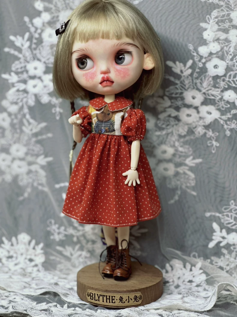 Handcrafted Red Polka-Dot Bear Dress for Blythe ob24 Dolls – Elegant & Playful Outfit - Image 3