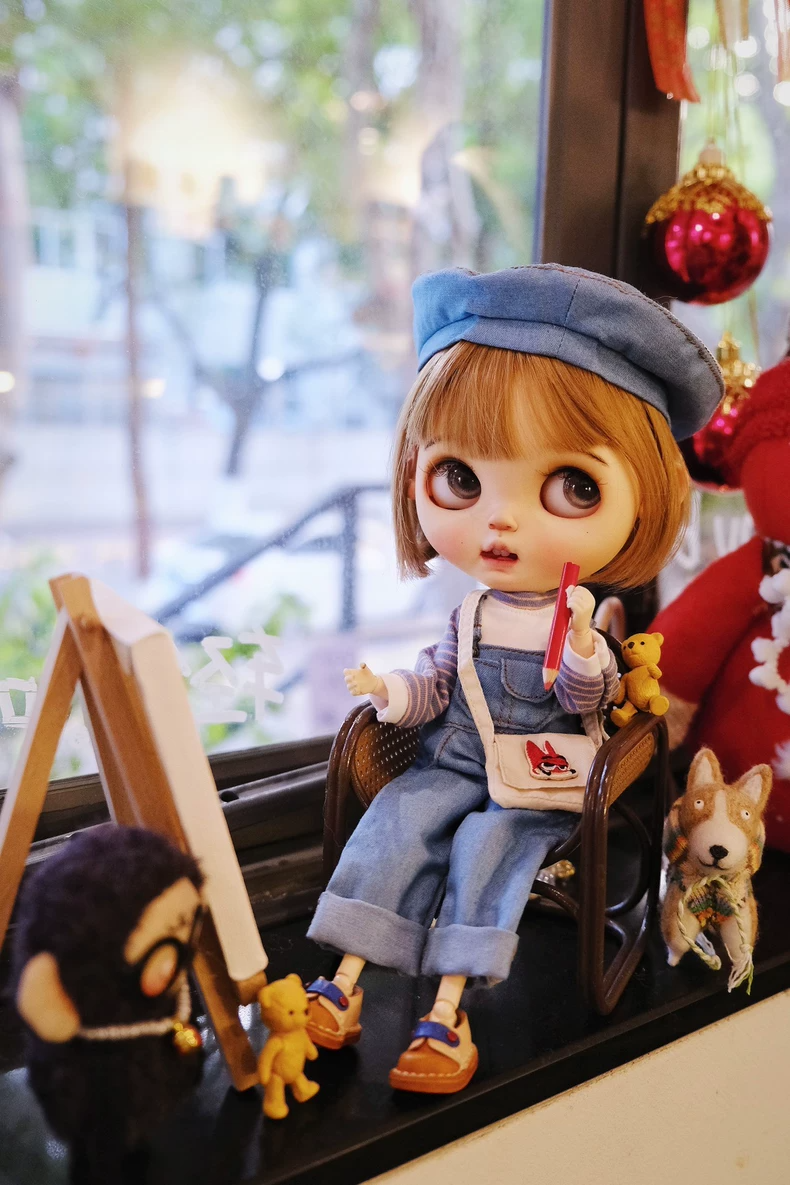BLYTHE Denim Overalls & Striped Top Set – Artistic, Durable, and Expressive Fashion for Doll Collectors - Image 1