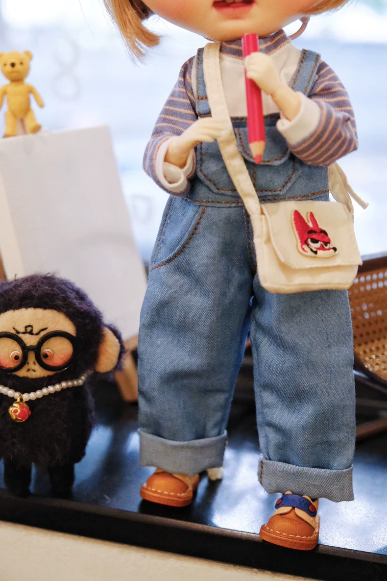 BLYTHE Denim Overalls & Striped Top Set – Artistic, Durable, and Expressive Fashion for Doll Collectors - Image 4