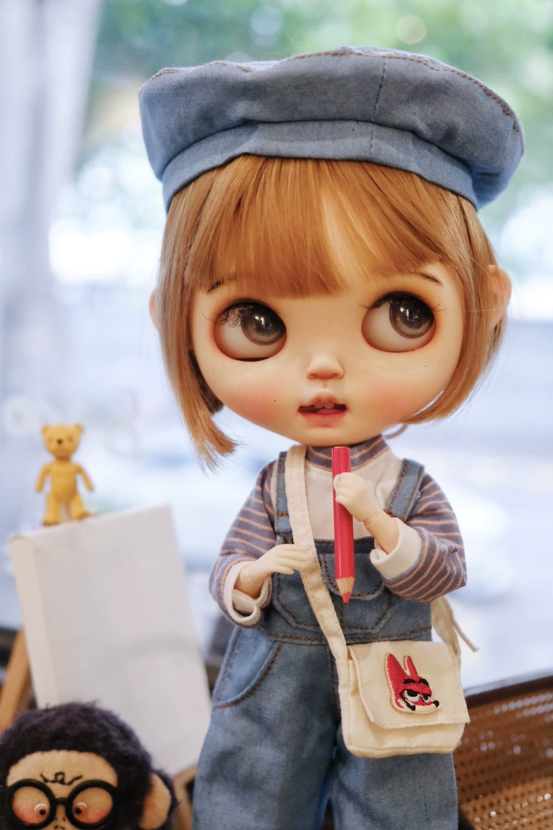 BLYTHE Denim Overalls & Striped Top Set – Artistic, Durable, and Expressive Fashion for Doll Collectors - Image 5