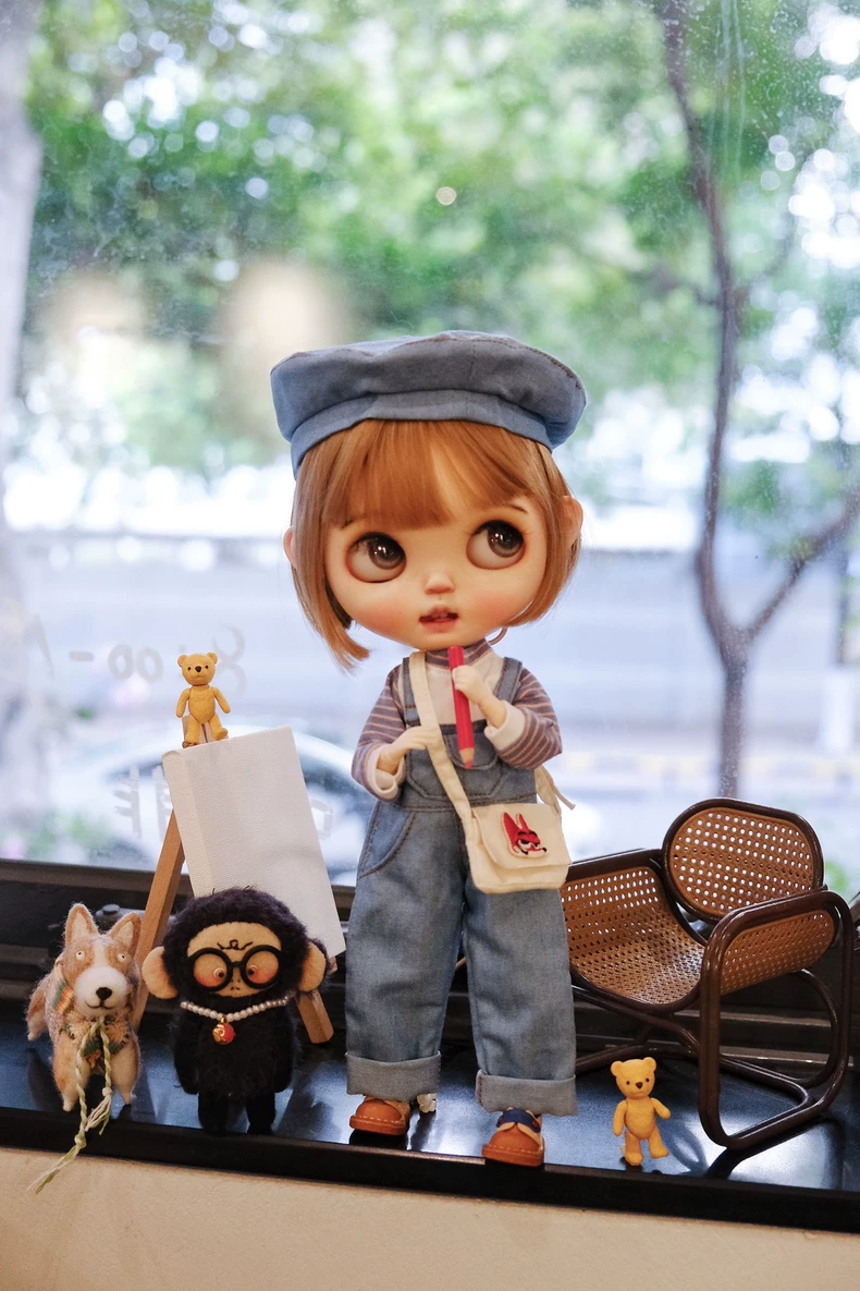 BLYTHE Denim Overalls & Striped Top Set – Artistic, Durable, and Expressive Fashion for Doll Collectors - Image 6