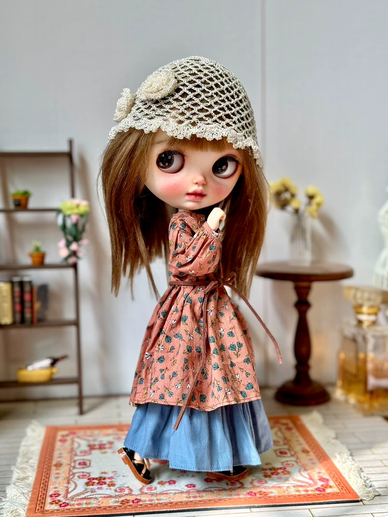 Vintage BLYTHE Floral Dress Set – Elegant Terracotta & Teal Outfit with Lace Accents - Image 2