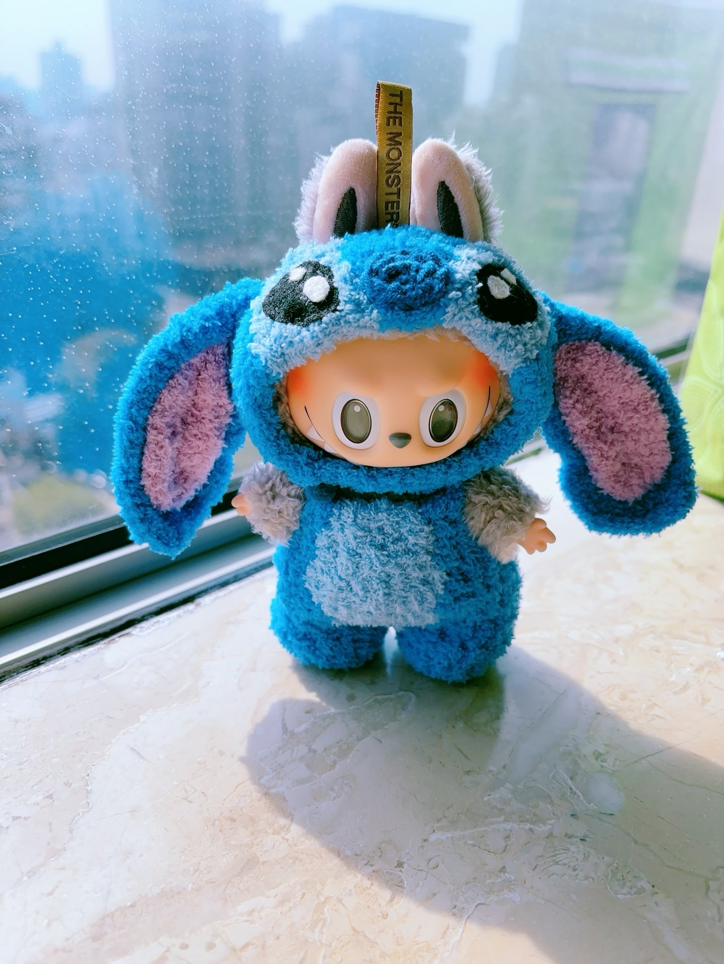 Handmade LABUBU Stitch-Inspired Plush Outfit – Cozy Blue Onesie with Pink Accents & Detachable Red Bow - Image 1