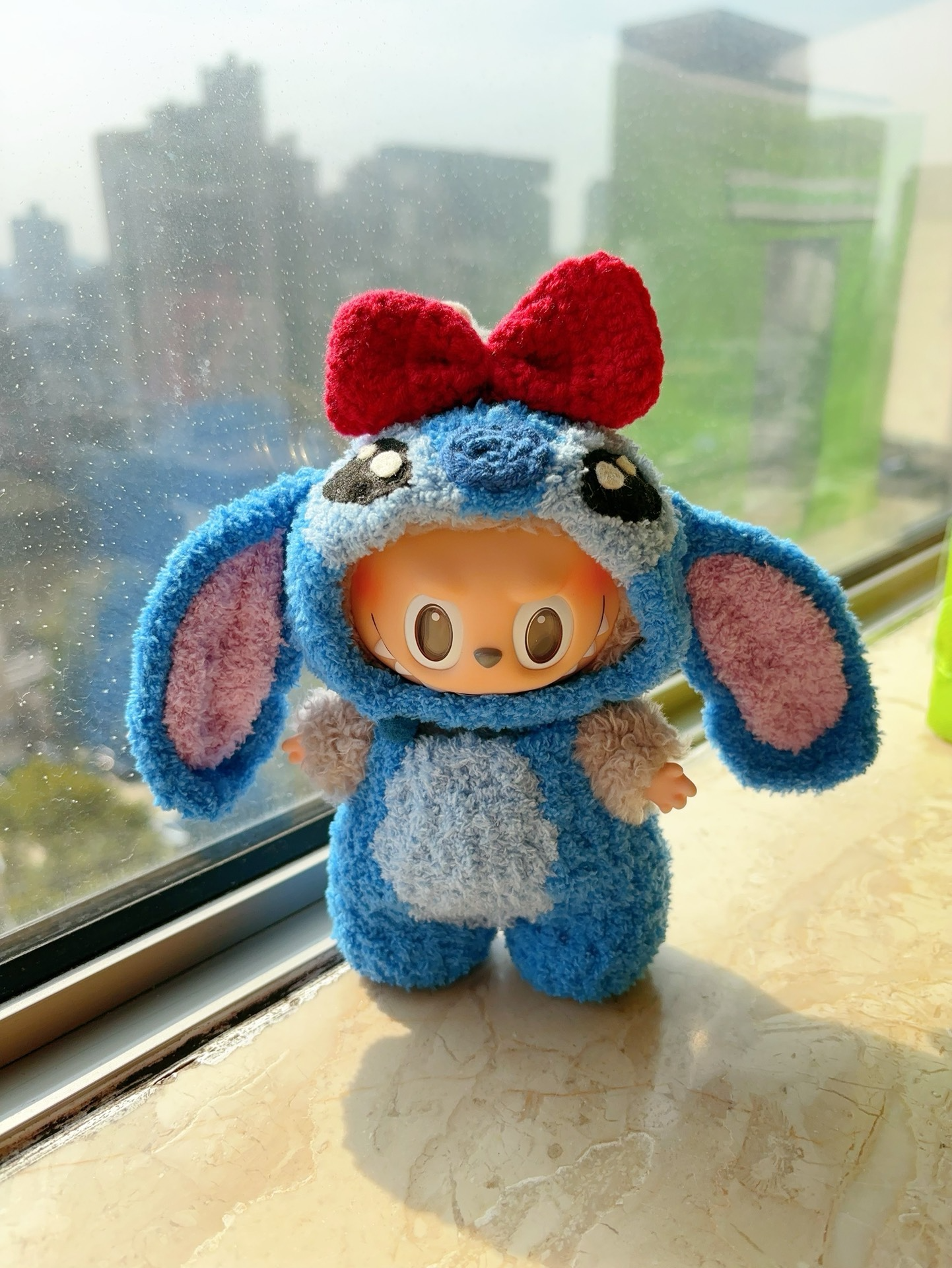 Handmade LABUBU Stitch-Inspired Plush Outfit – Cozy Blue Onesie with Pink Accents & Detachable Red Bow - Image 2