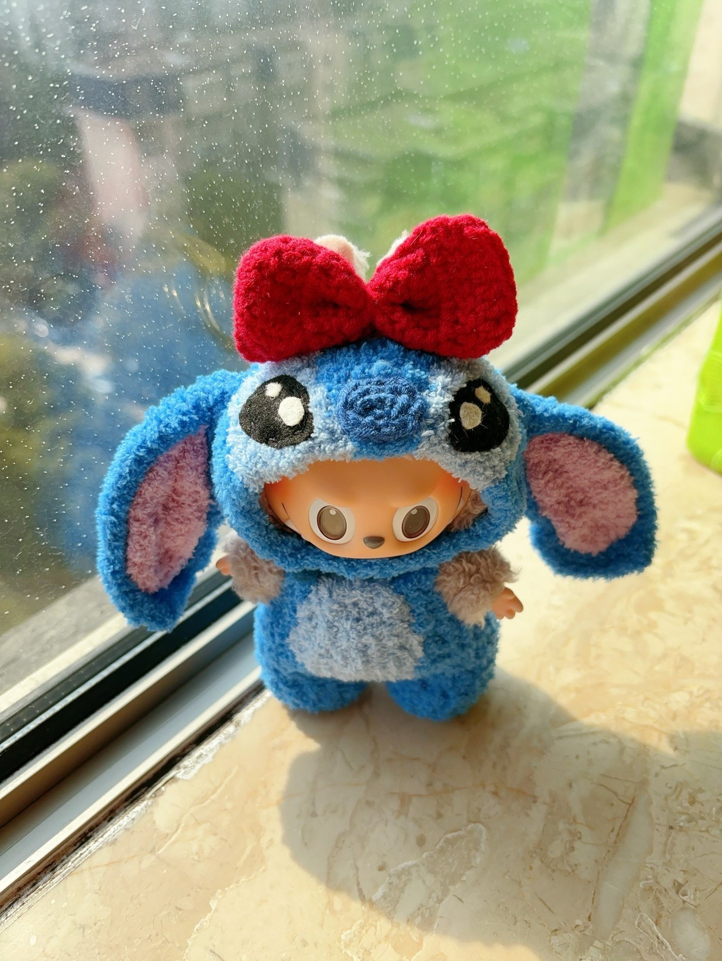 Handmade LABUBU Stitch-Inspired Plush Outfit – Cozy Blue Onesie with Pink Accents & Detachable Red Bow - Image 3