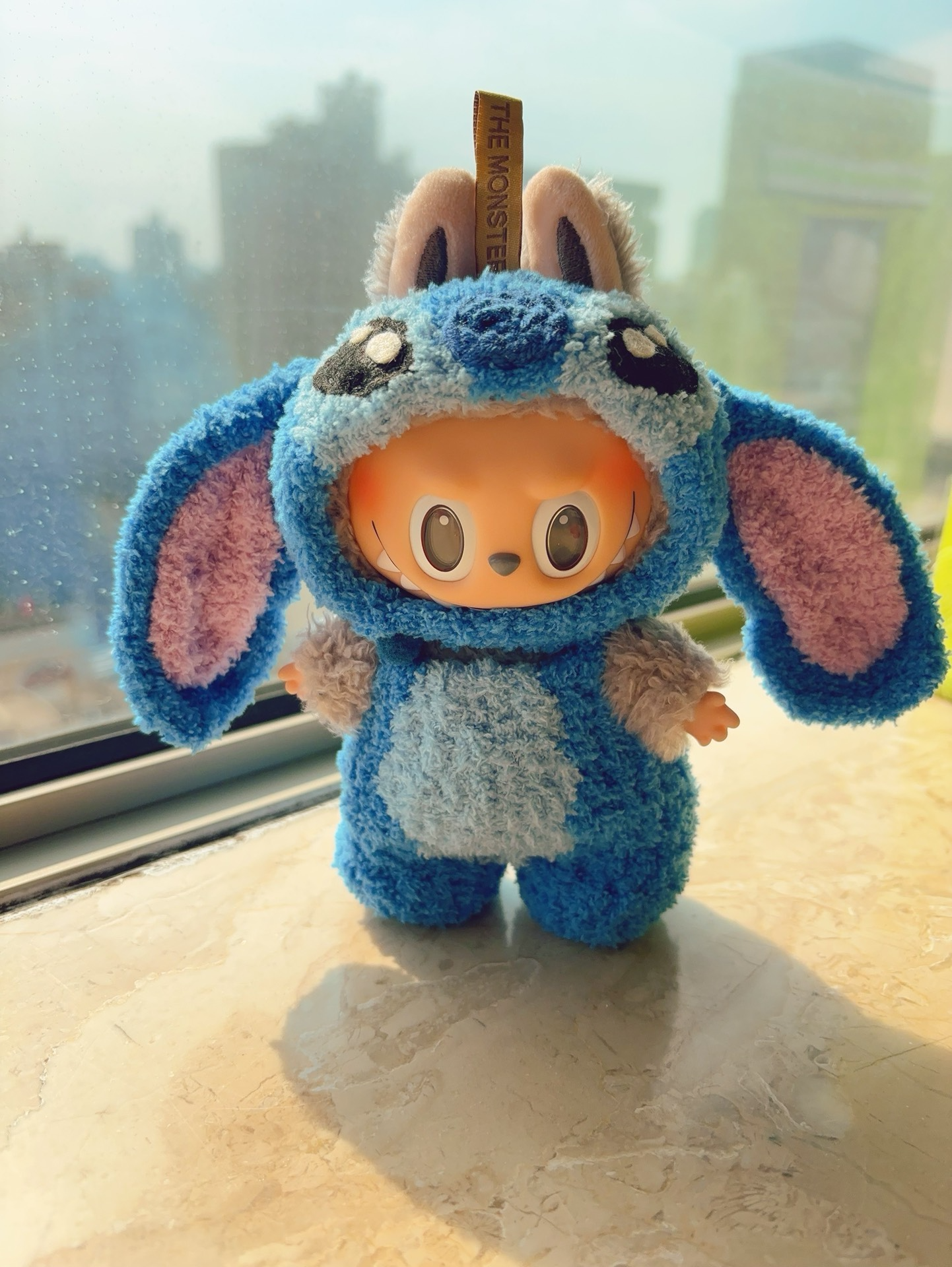 Handmade LABUBU Stitch-Inspired Plush Outfit – Cozy Blue Onesie with Pink Accents & Detachable Red Bow - Image 4