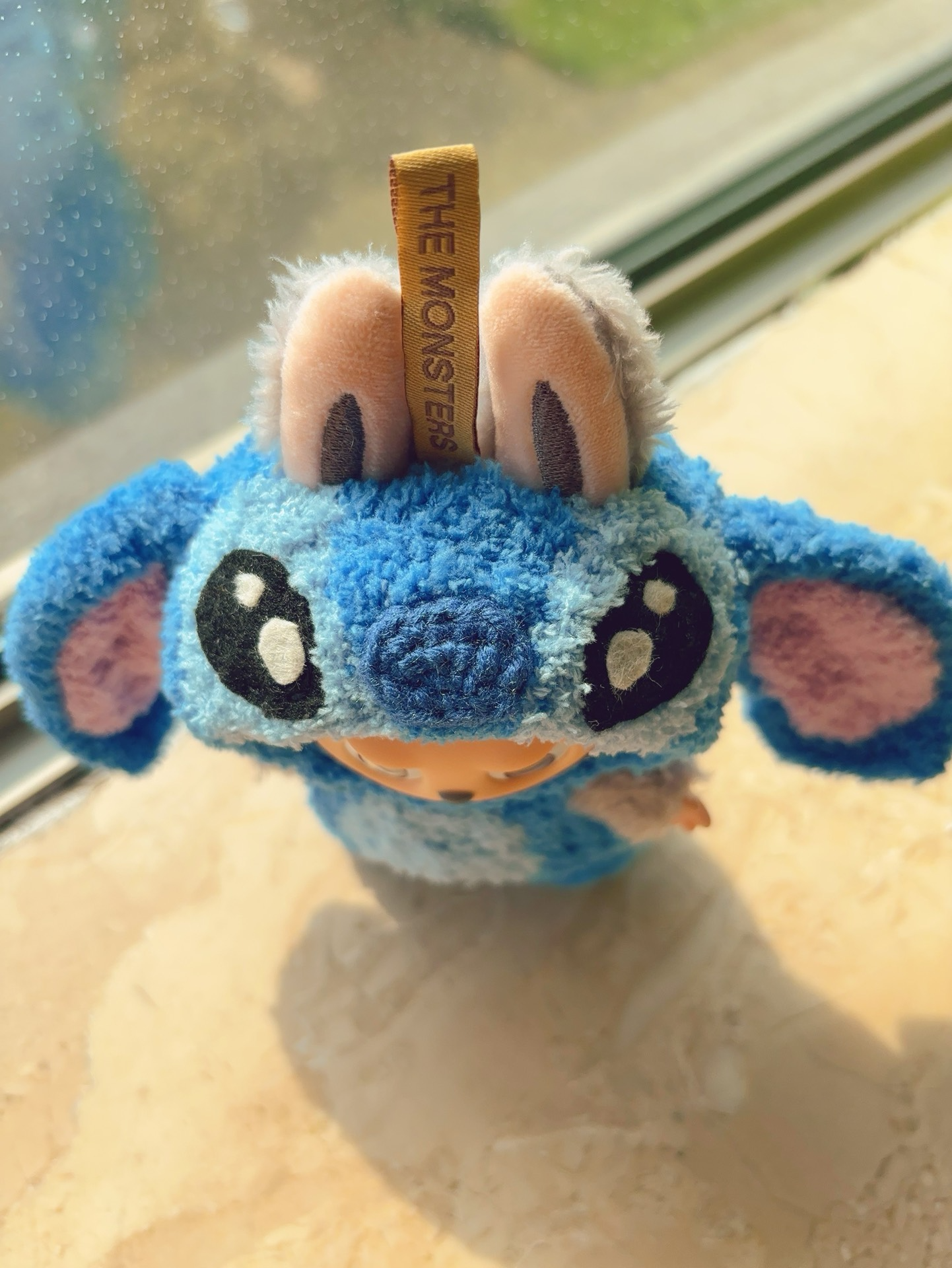 Handmade LABUBU Stitch-Inspired Plush Outfit – Cozy Blue Onesie with Pink Accents & Detachable Red Bow - Image 5