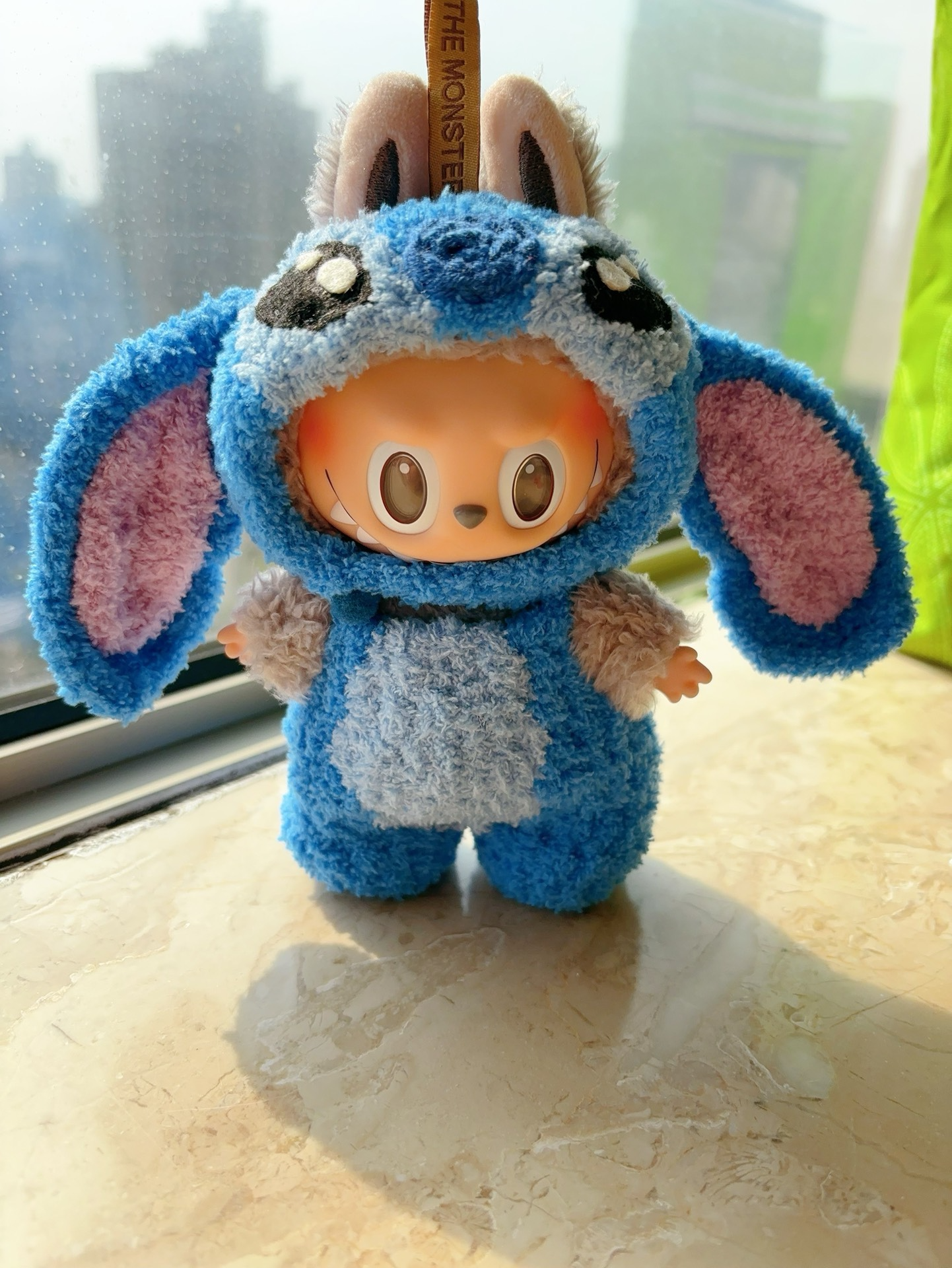 Handmade LABUBU Stitch-Inspired Plush Outfit – Cozy Blue Onesie with Pink Accents & Detachable Red Bow - Image 6