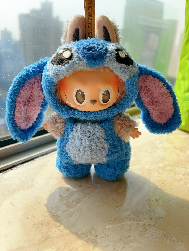 Handmade LABUBU Stitch-Inspired Plush Outfit – Cozy Blue Onesie with Pink Accents & Detachable Red Bow - Image 6