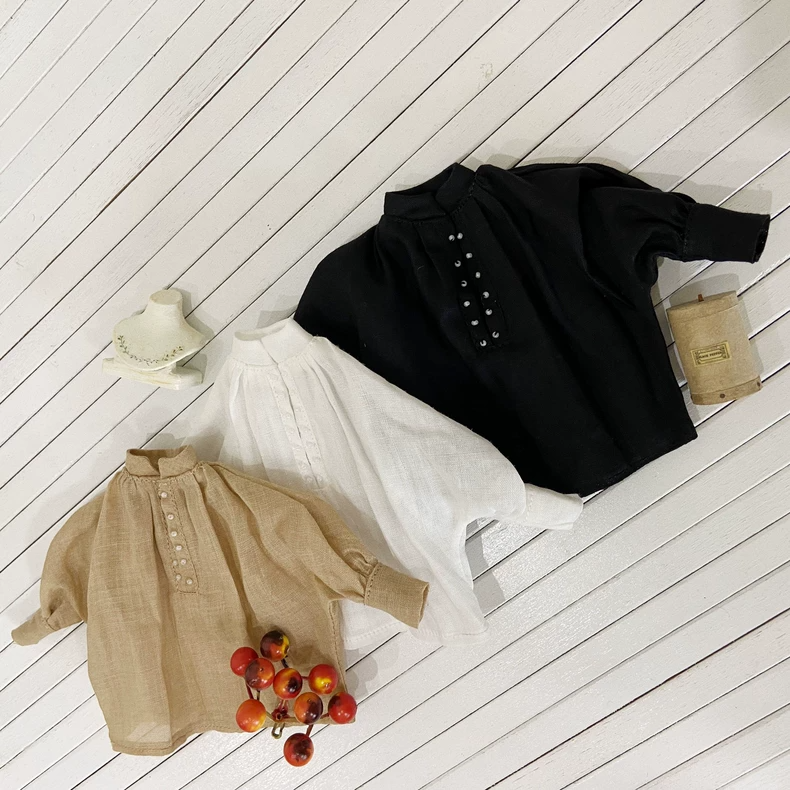Vintage Style Blythe Doll Clothes Deep V-Neck Linen-Like Outfit for ob22 ob24 Black White Beige - Image 3