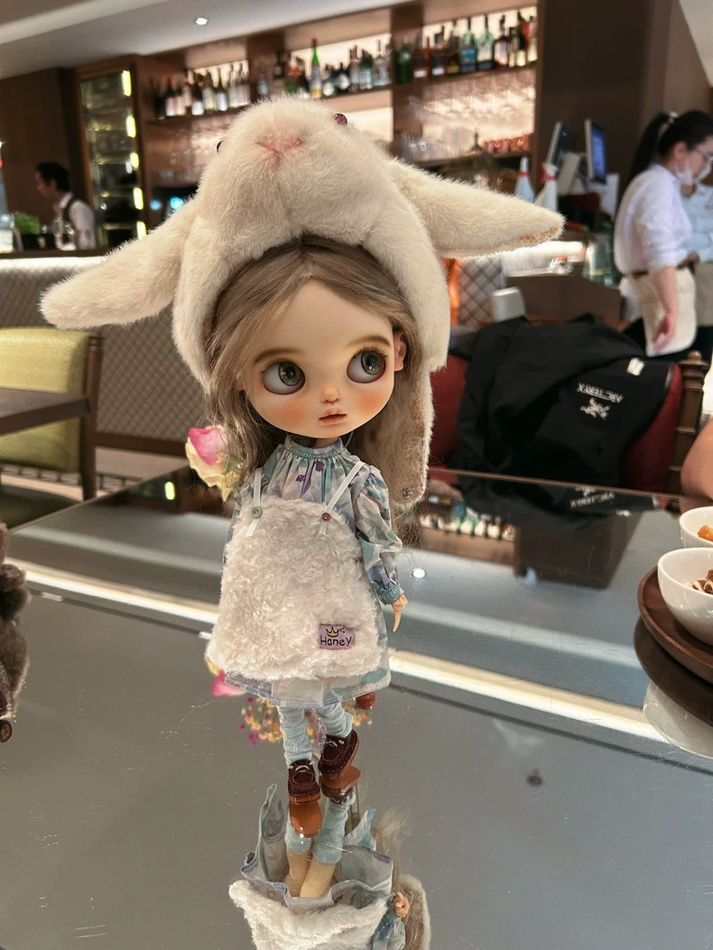 Charming Handmade BLYTHE Doll Outfit: Bunny Hat, Floral Dress & Cozy Socks - Image 1