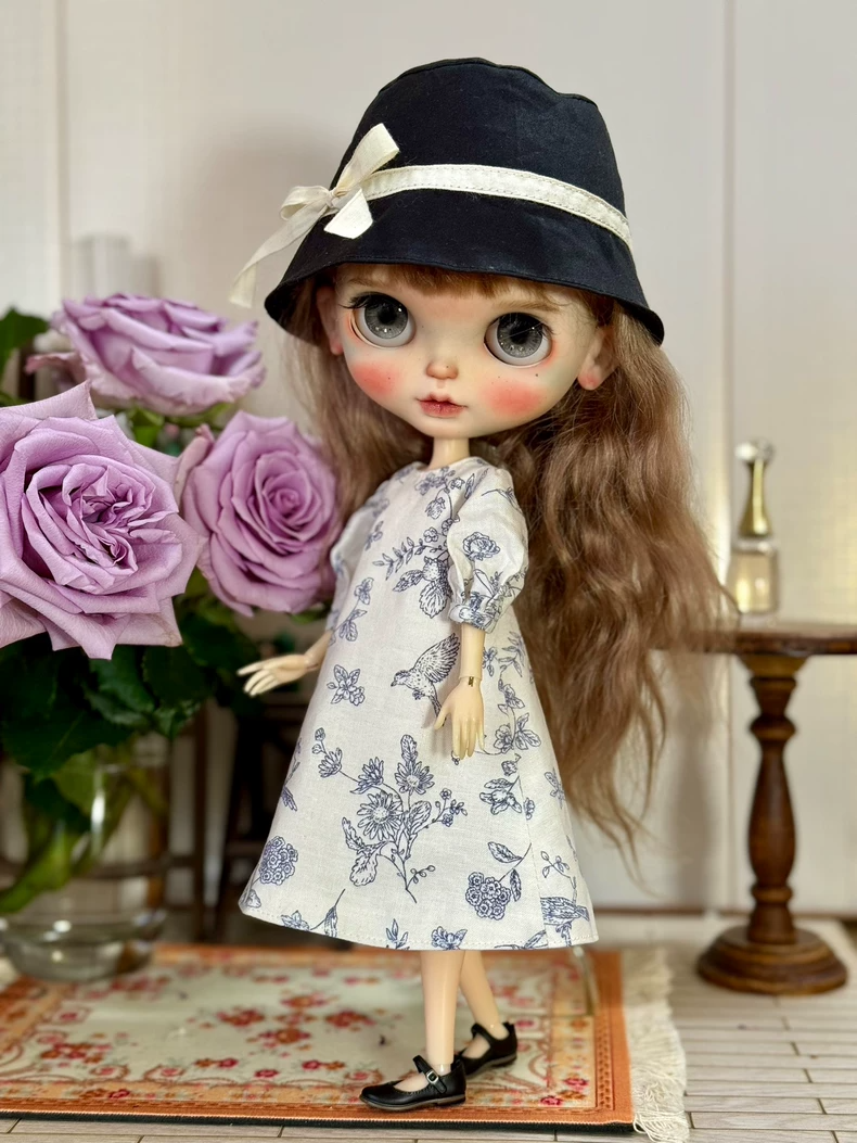 Vintage Floral Blythe Doll Outfit: Elegant A-Line Dress & Fisherman Hat for OB24/OB22 Collectors - Image 2