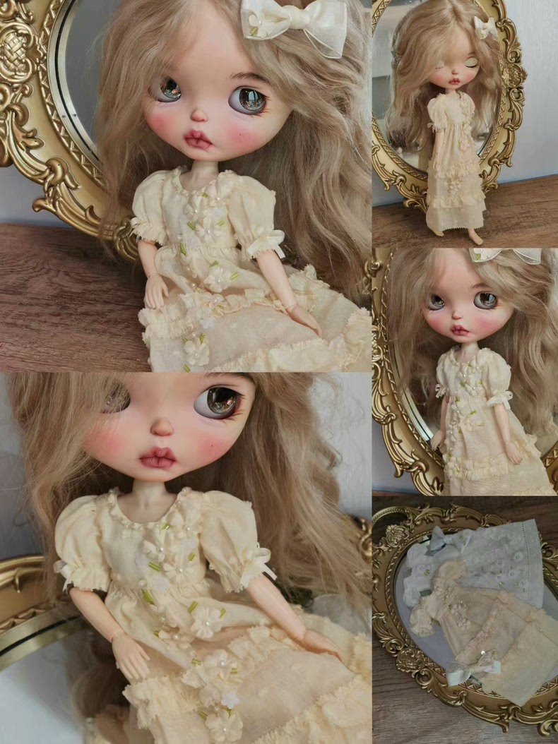 Exquisite BLYTHE Doll Outfit: Vintage Elegance with Floral Embroidery & Pearl Accents - Image 1