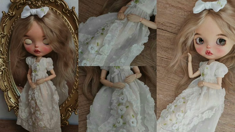 Exquisite BLYTHE Doll Outfit: Vintage Elegance with Floral Embroidery & Pearl Accents - Image 2