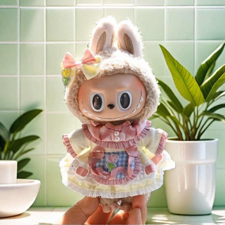 Whimsical Labubu Doll Outfit: Pastel Dress with Ruffles & Bow for Collectors - Image 1