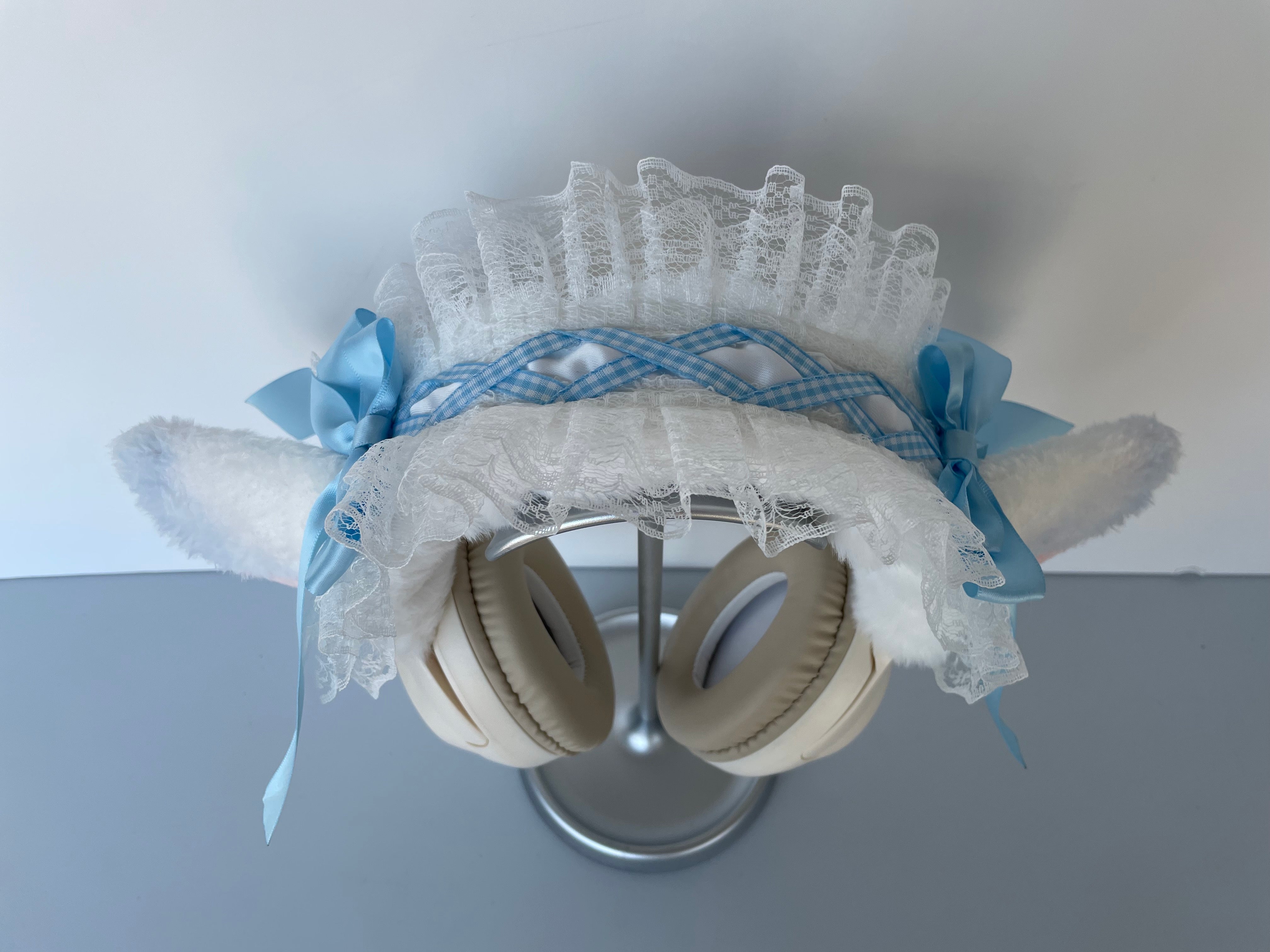 Handmade Lamb Ear Lace Headphone Cover with Blue Ribbon