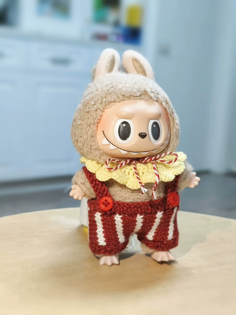 Handmade Circus-Themed LABUBU Doll Outfit – Cozy Bunny Cap, Festive Scarf & Striped Trousers - Image 1