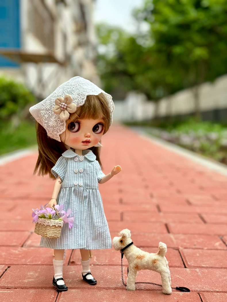 Vintage Blythe Doll Outfit: Striped Dress, Lace Bonnet & Accessories – Elegant Collectible Ensemble - Image 3