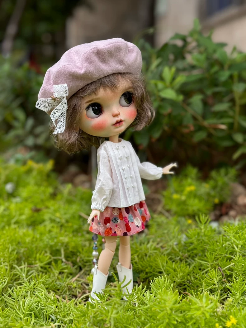 Charming French Blythe Doll Outfit: Strawberry Skirt & Beret – Elegant & Whimsical - Image 5
