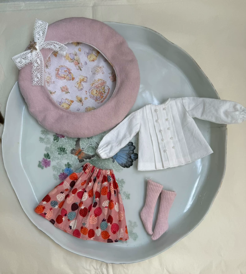 Charming French Blythe Doll Outfit: Strawberry Skirt & Beret – Elegant & Whimsical - Image 6
