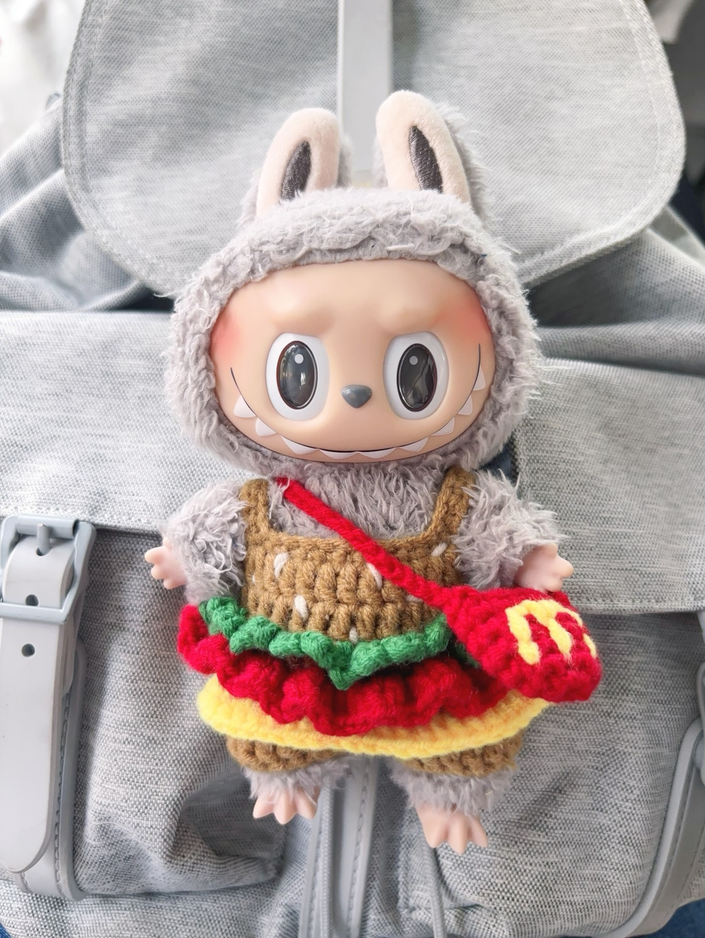 Whimsical Labubu Doll in Handmade Hamburger Outfit – Adorable Bunny Hat & Playful Design - Image 1
