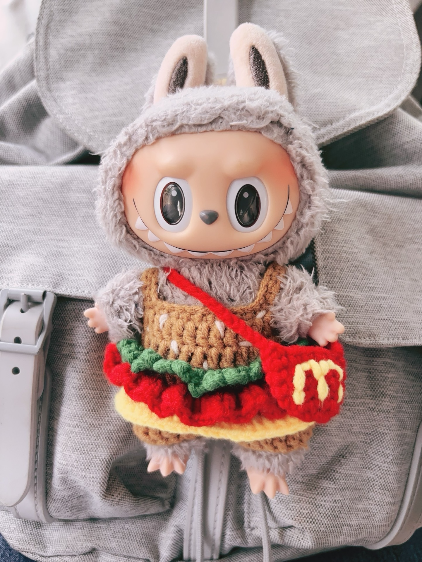 Whimsical Labubu Doll in Handmade Hamburger Outfit – Adorable Bunny Hat & Playful Design - Image 2