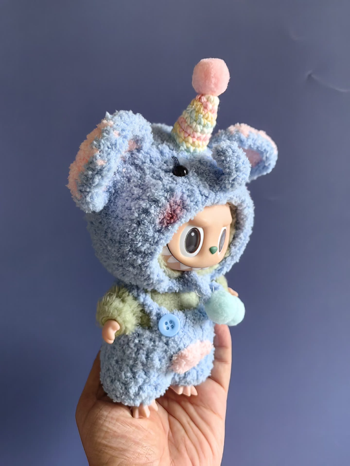 Whimsical Labubu Doll Outfit – Plush Hat & Pants Set with Unicorn Horn | Pastel Blue & Pink - Image 1