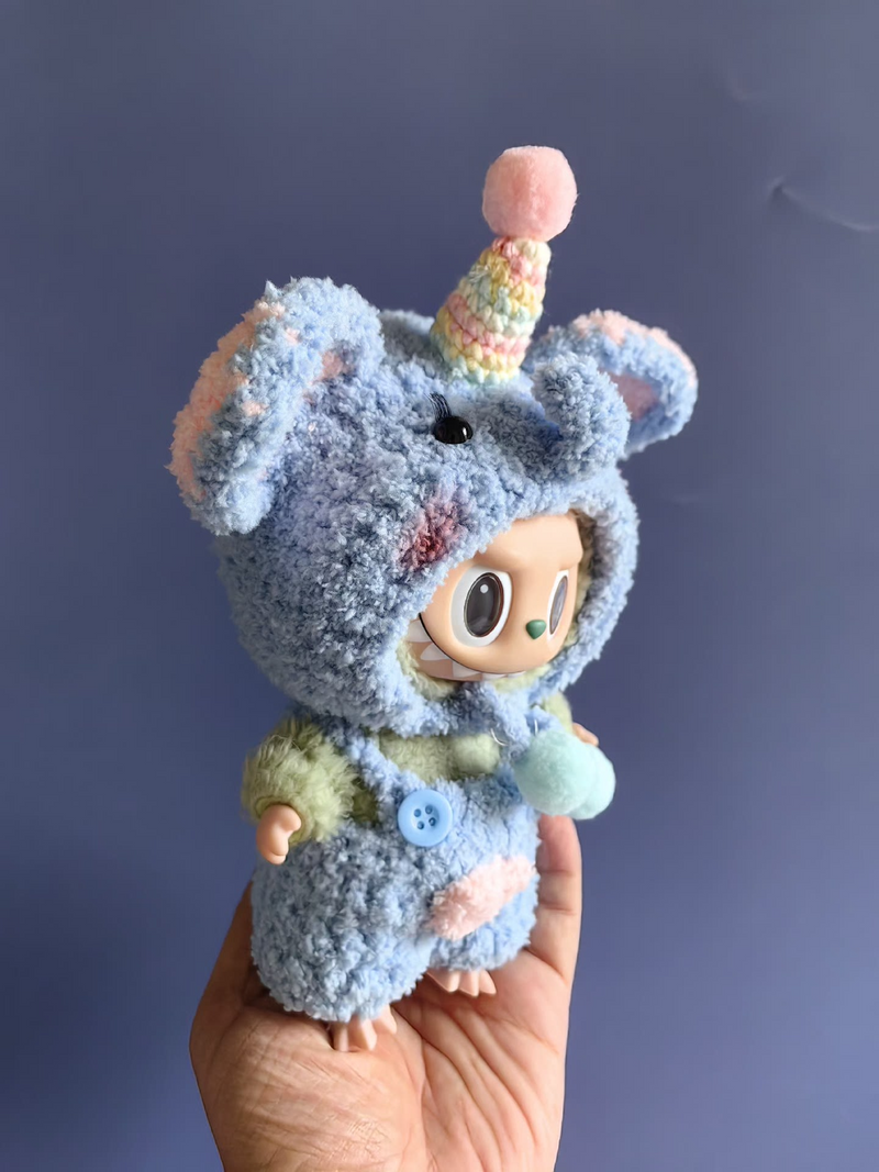 Whimsical Labubu Doll Outfit – Plush Hat & Pants Set with Unicorn Horn | Pastel Blue & Pink - Image 1