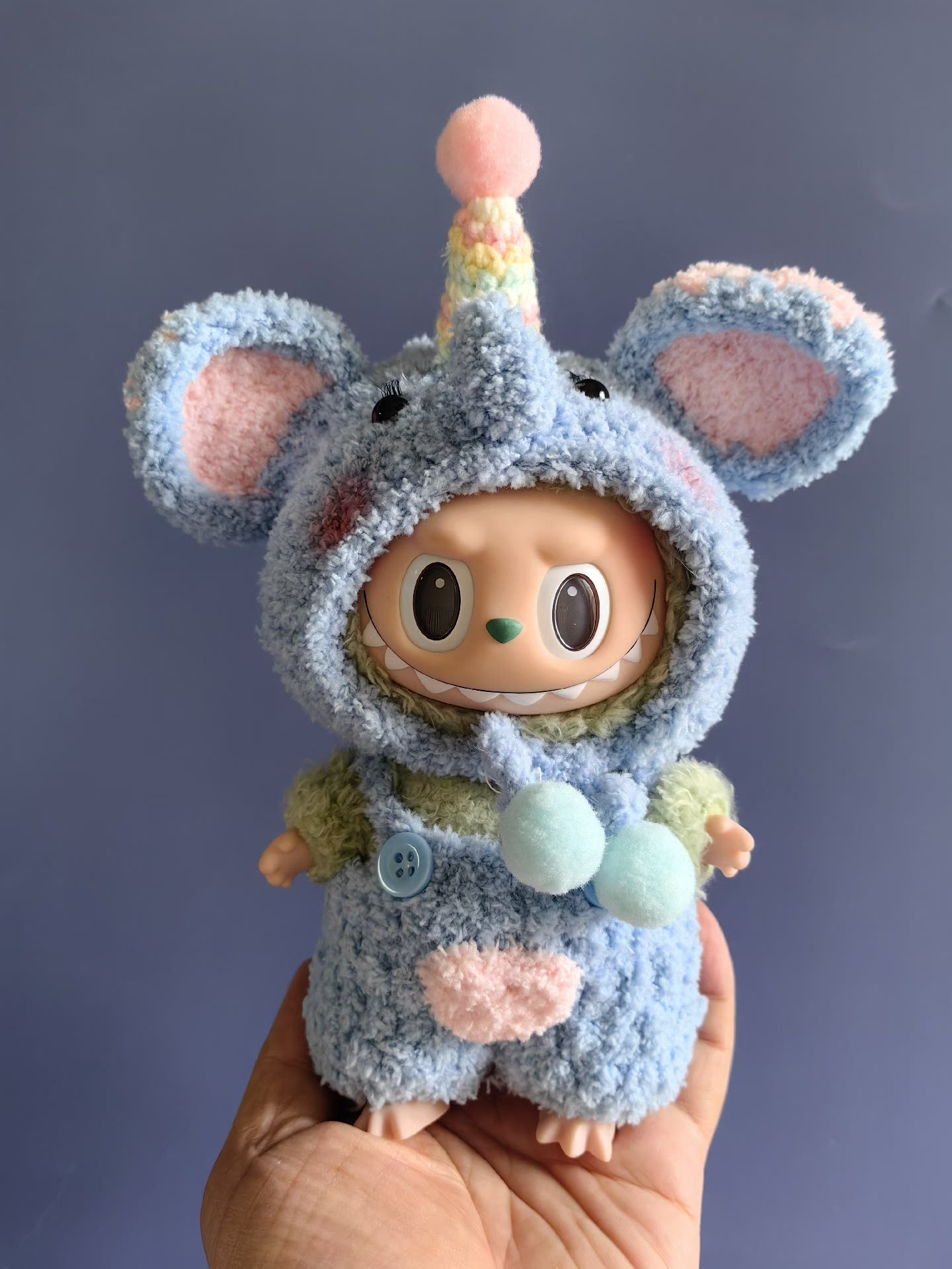Whimsical Labubu Doll Outfit – Plush Hat & Pants Set with Unicorn Horn | Pastel Blue & Pink - Image 2
