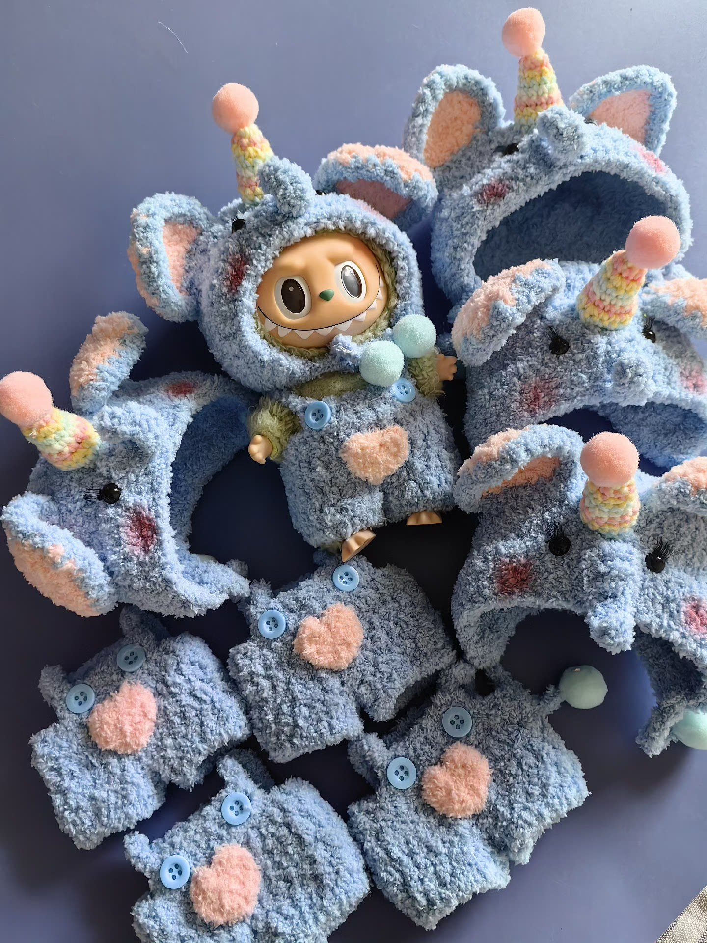 Whimsical Labubu Doll Outfit – Plush Hat & Pants Set with Unicorn Horn | Pastel Blue & Pink - Image 3