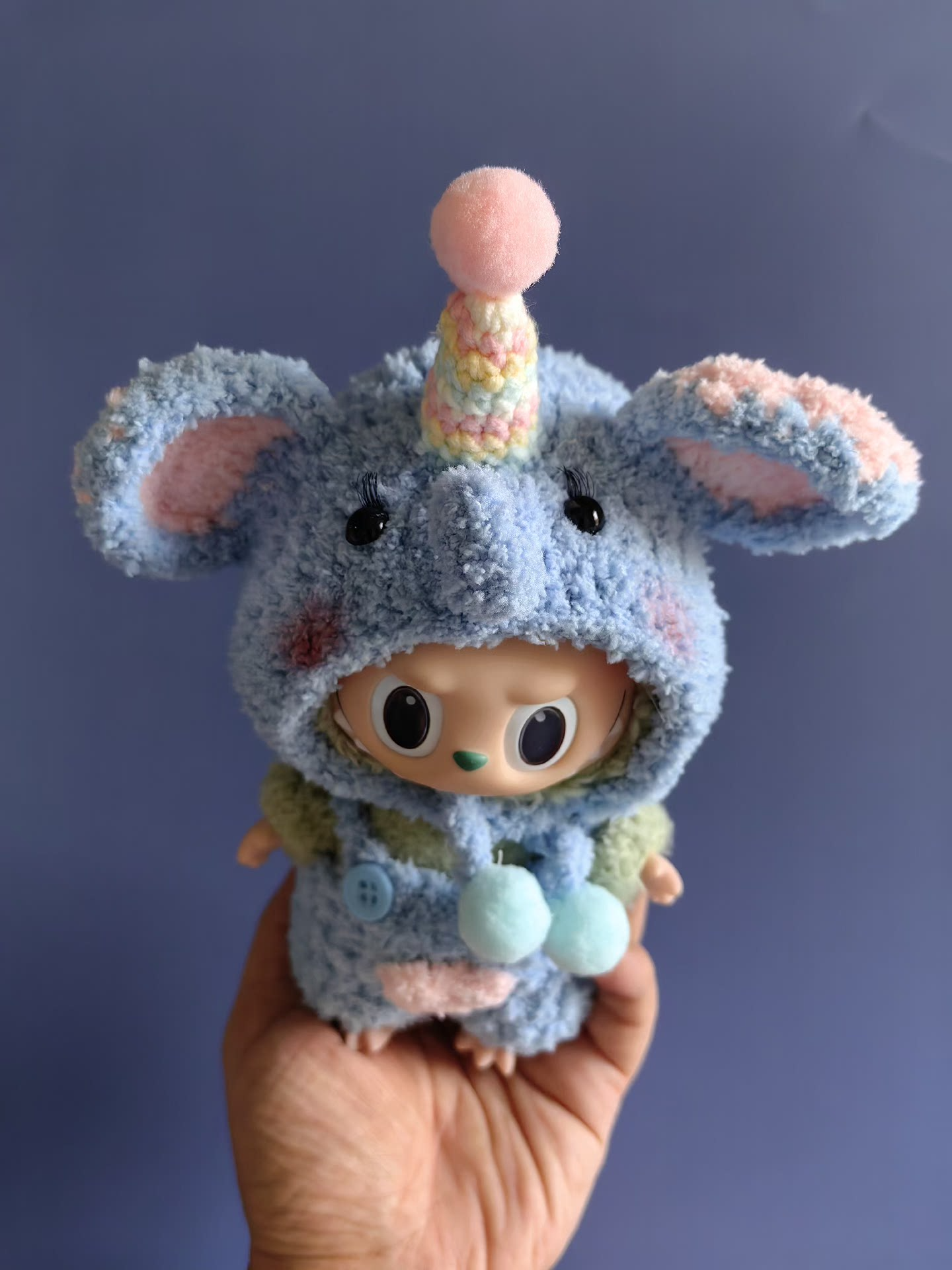 Whimsical Labubu Doll Outfit – Plush Hat & Pants Set with Unicorn Horn | Pastel Blue & Pink - Image 4