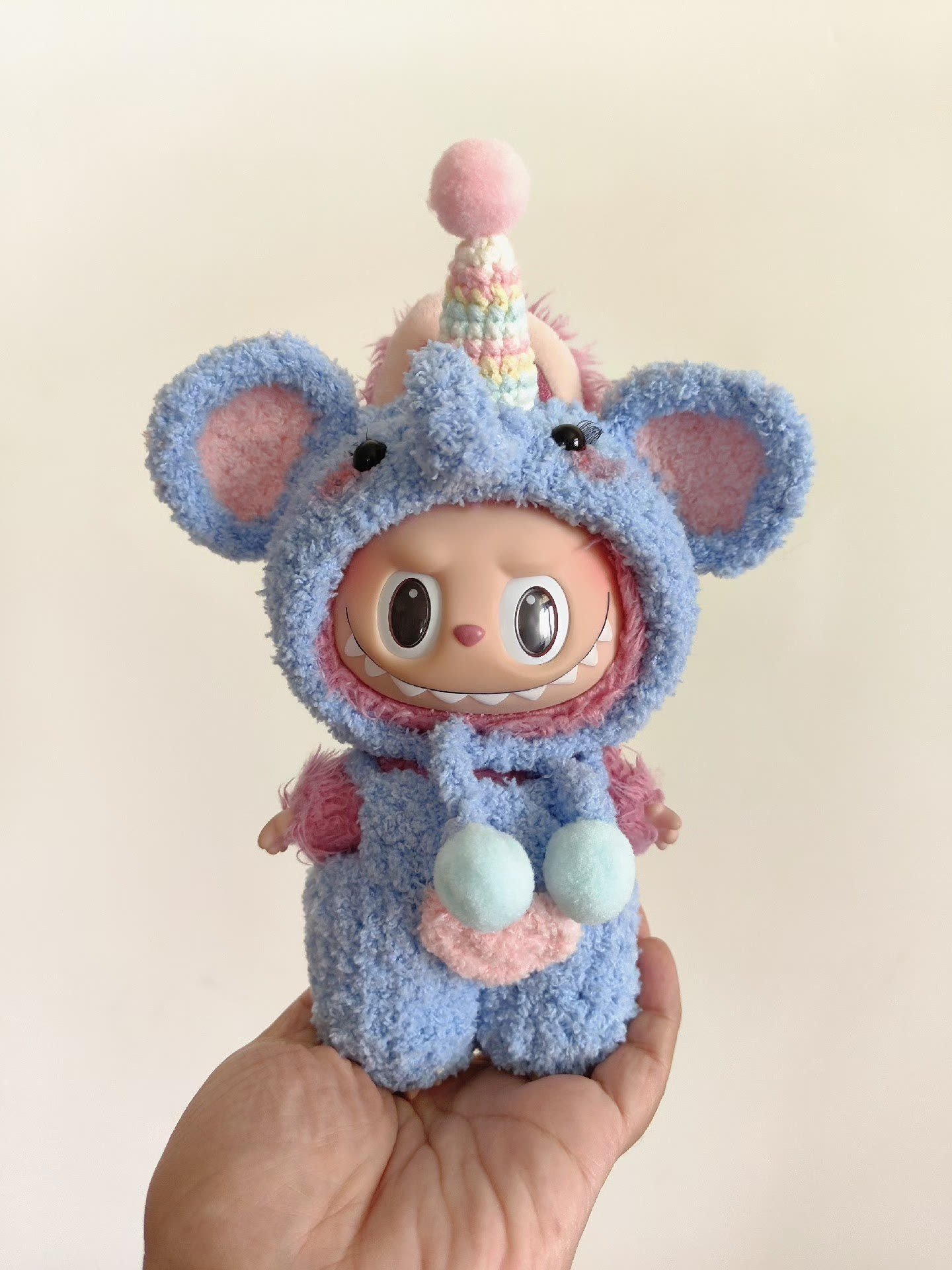 Whimsical Labubu Doll Outfit – Plush Hat & Pants Set with Unicorn Horn | Pastel Blue & Pink - Image 6