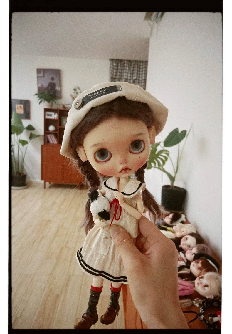 Vintage Nautical Blythe Doll Dress & Beret Set - Collector's Cotton Outfit w/ Adjustable Fit - Image 2