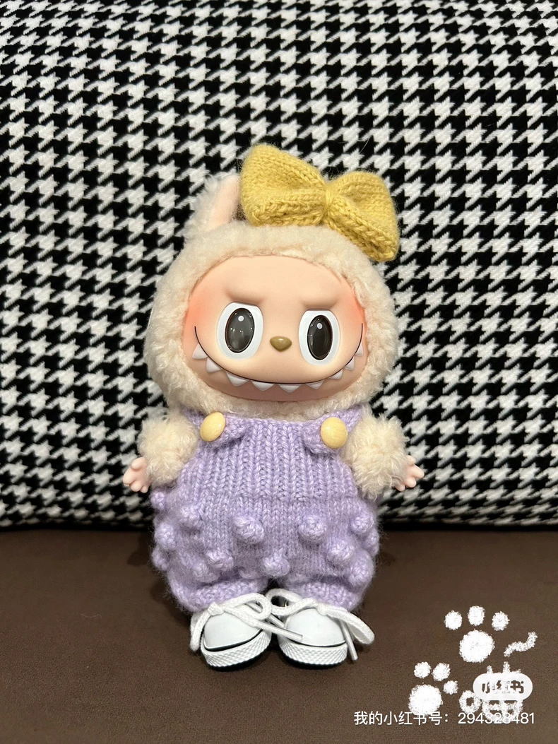 Cozy Knit Labubu Doll Outfit with Yellow Bow – Plush Hood & Pom-Pom Details - Image 1