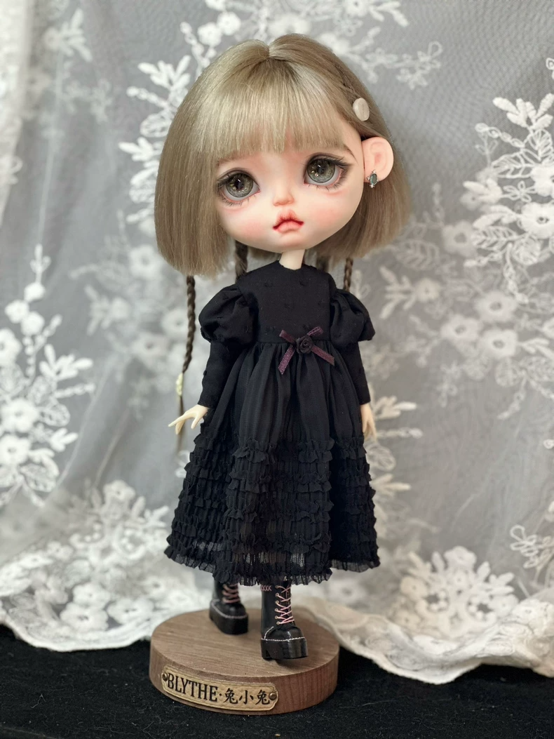Vintage Black Blythe Doll Dress with Purple Ribbons - Elegant Outfit for ob22, ob24, ob26 Dolls - Image 7