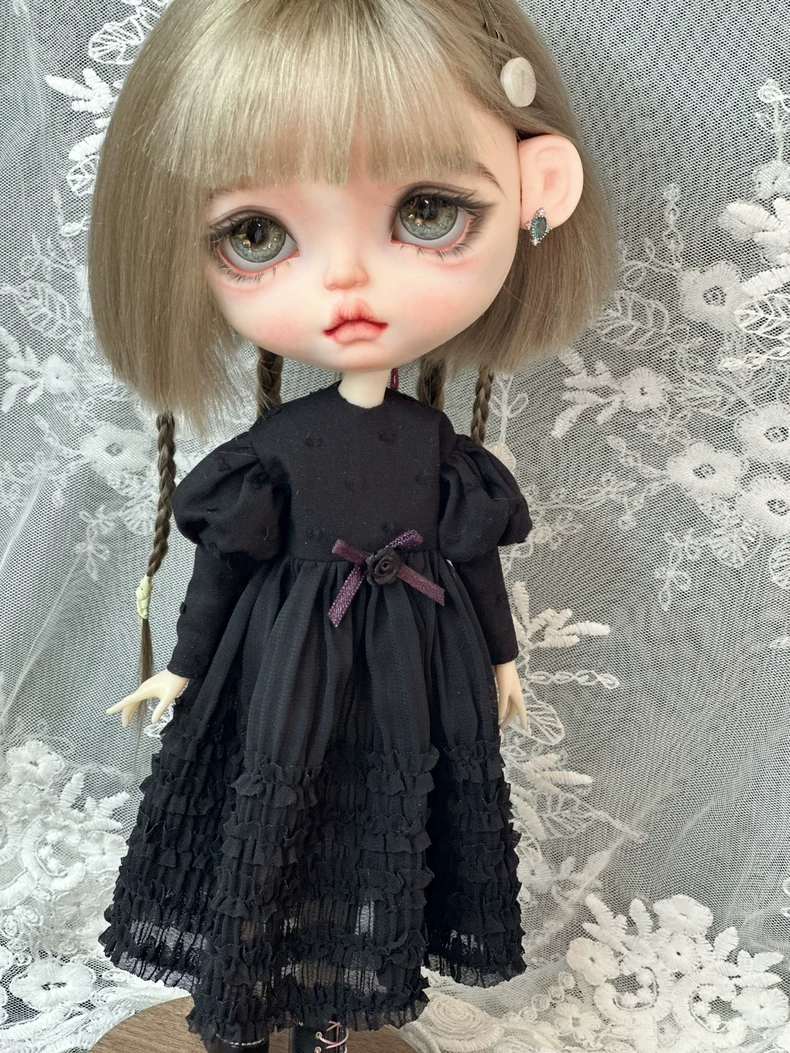 Vintage Black Blythe Doll Dress with Purple Ribbons - Elegant Outfit for ob22, ob24, ob26 Dolls - Image 8